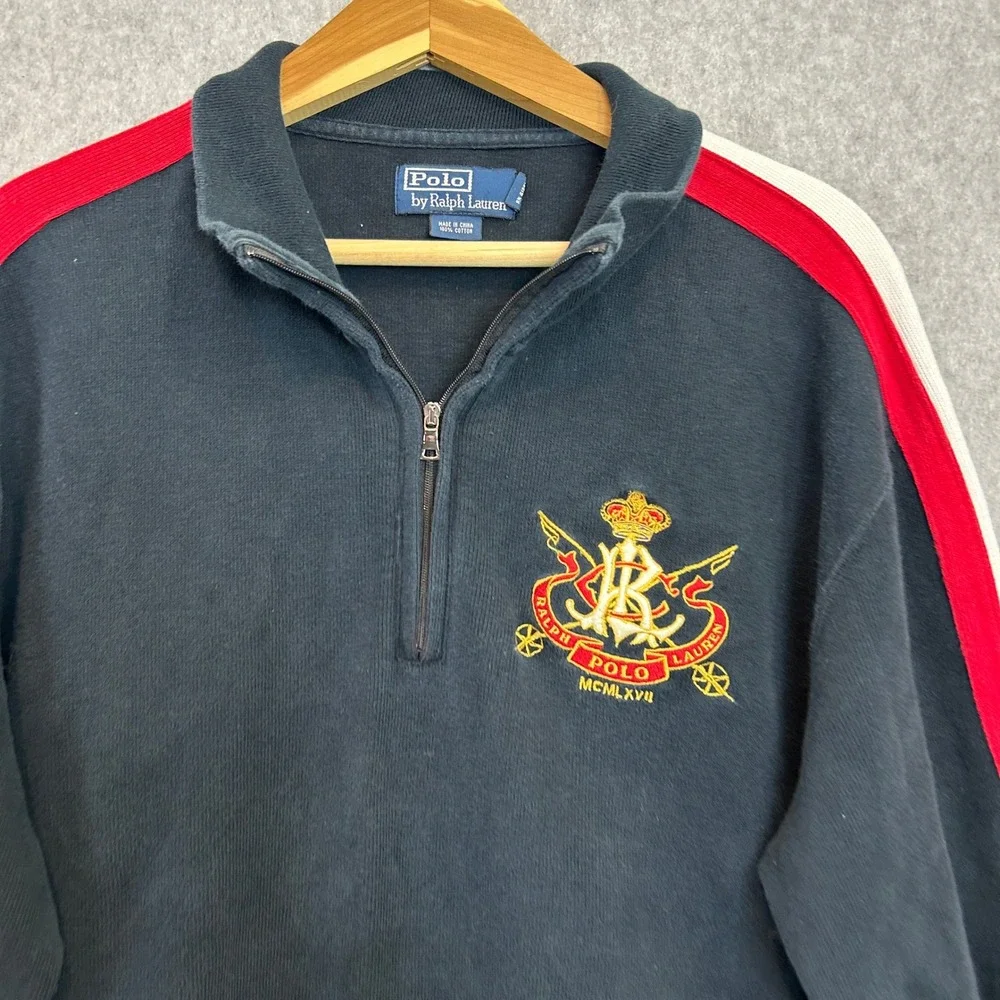 Polo Ralph Lauren 1/4 Zip Pullover Navy Red Stripe Embroidered Crest Mens Large